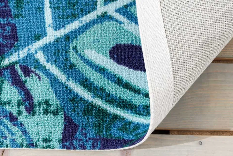 In- und Outdoor Teppich LEAF 180x120cm blau grün Blatt-Design Läufer wetterfest