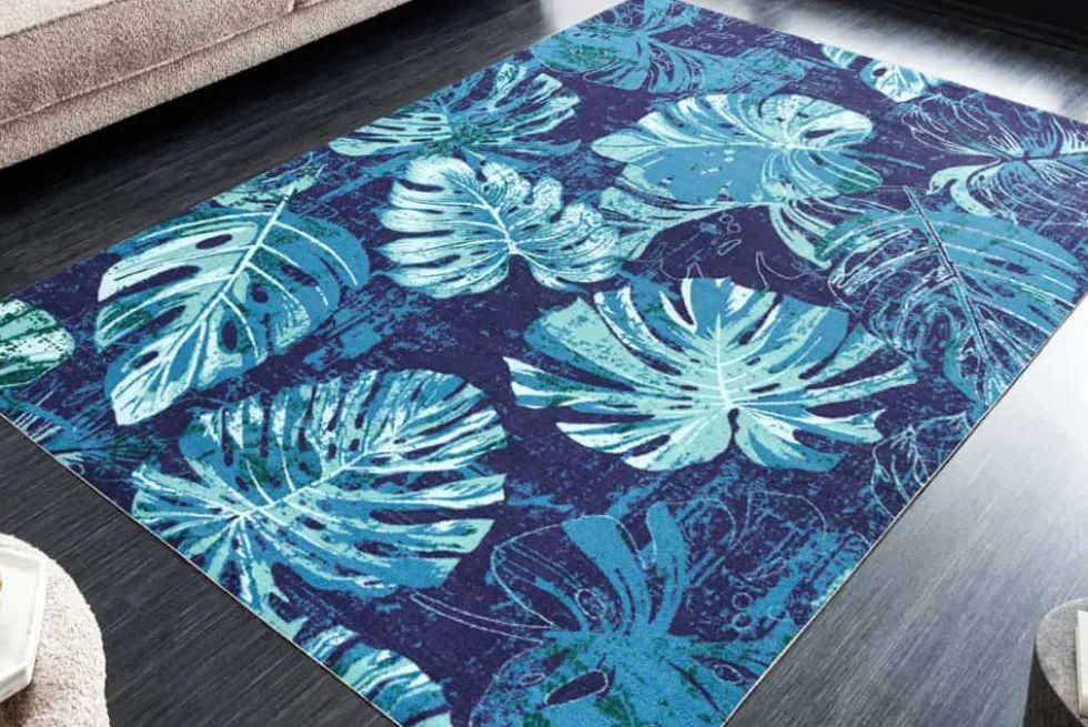 In- und Outdoor Teppich LEAF 180x120cm blau grün Blatt-Design Läufer wetterfest