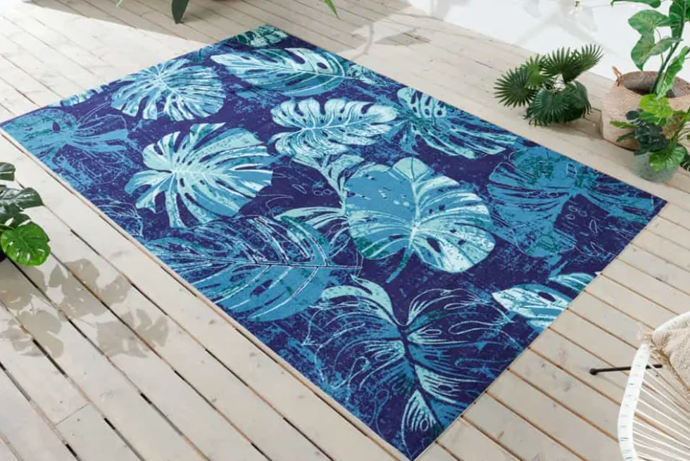 In- und Outdoor Teppich LEAF 180x120cm blau grün Blatt-Design Läufer wetterfest