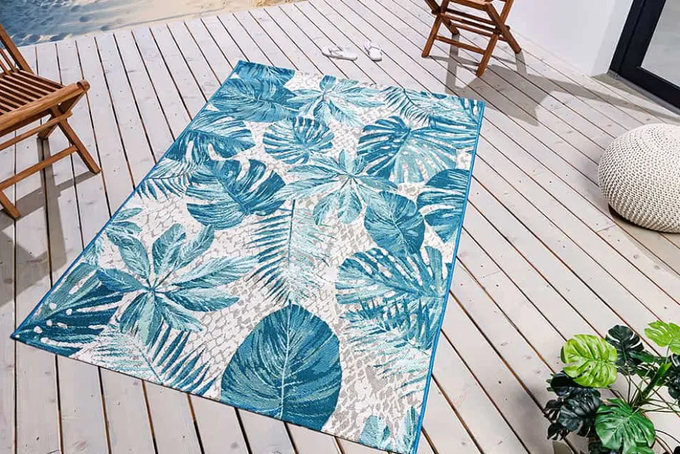 In- und Outdoor Teppich LEAF 175x120cm türkis weiß Blätter-Design Läufer wetterfest