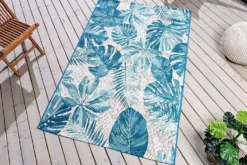 In- und Outdoor Teppich LEAF 175x120cm türkis weiß Blätter-Design Läufer wetterfest