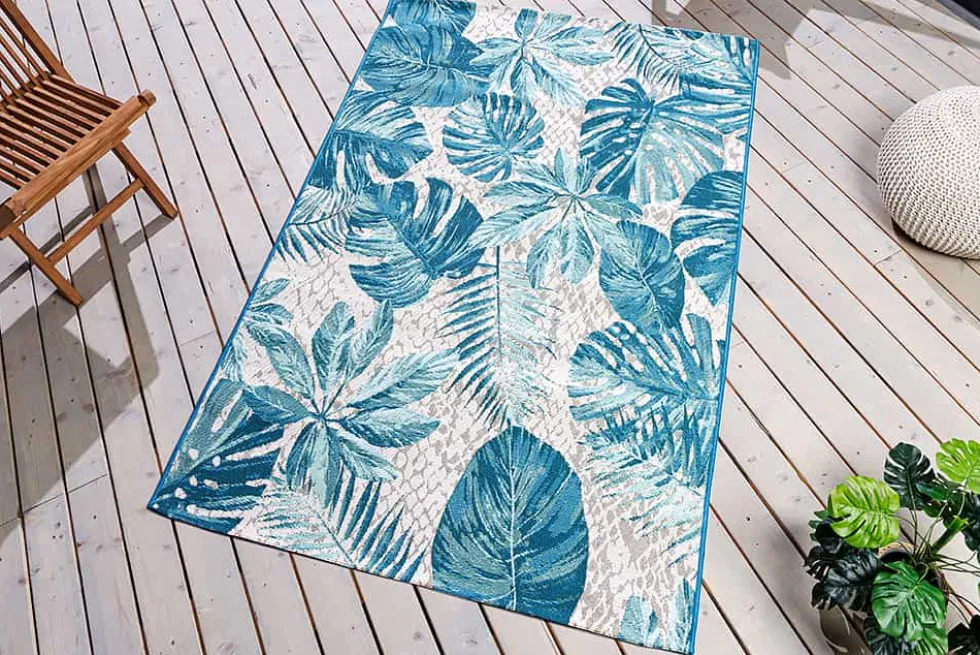 In- und Outdoor Teppich LEAF 175x120cm türkis weiß Blätter-Design Läufer wetterfest