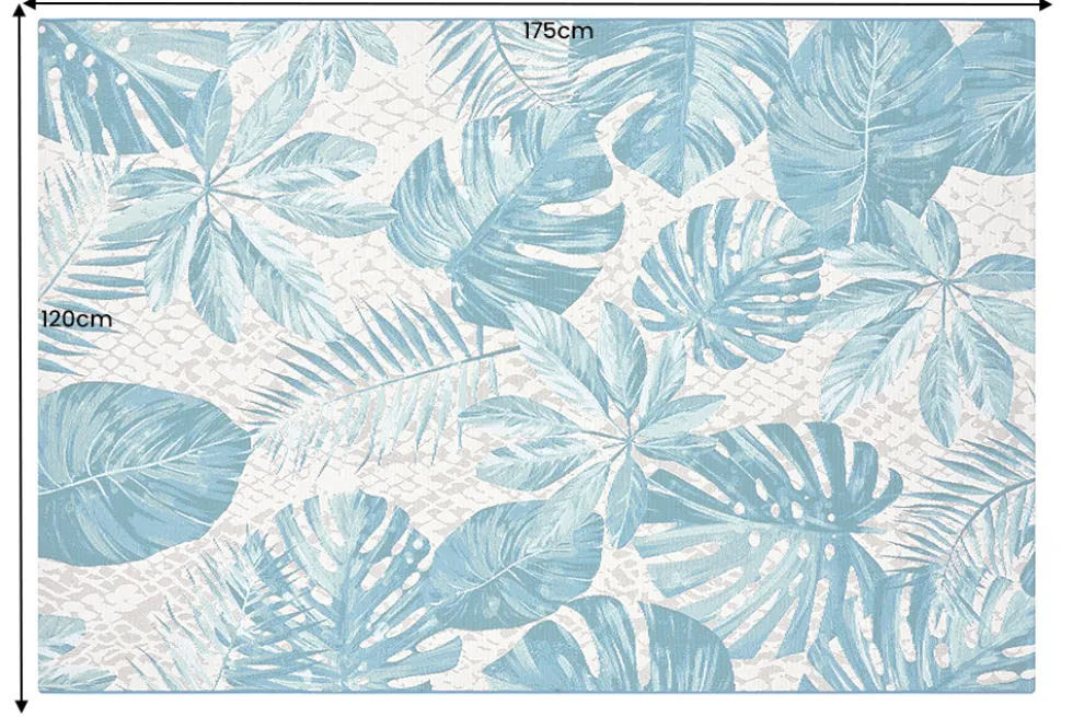 In- und Outdoor Teppich LEAF 175x120cm türkis weiß Blätter-Design Läufer wetterfest