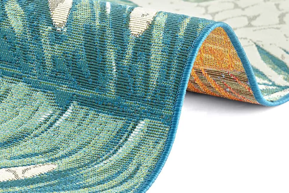 In- und Outdoor Teppich LEAF 175x120cm türkis weiß Blätter-Design Läufer wetterfest