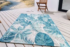 In- und Outdoor Teppich LEAF 175x120cm türkis weiß Blätter-Design Läufer wetterfest