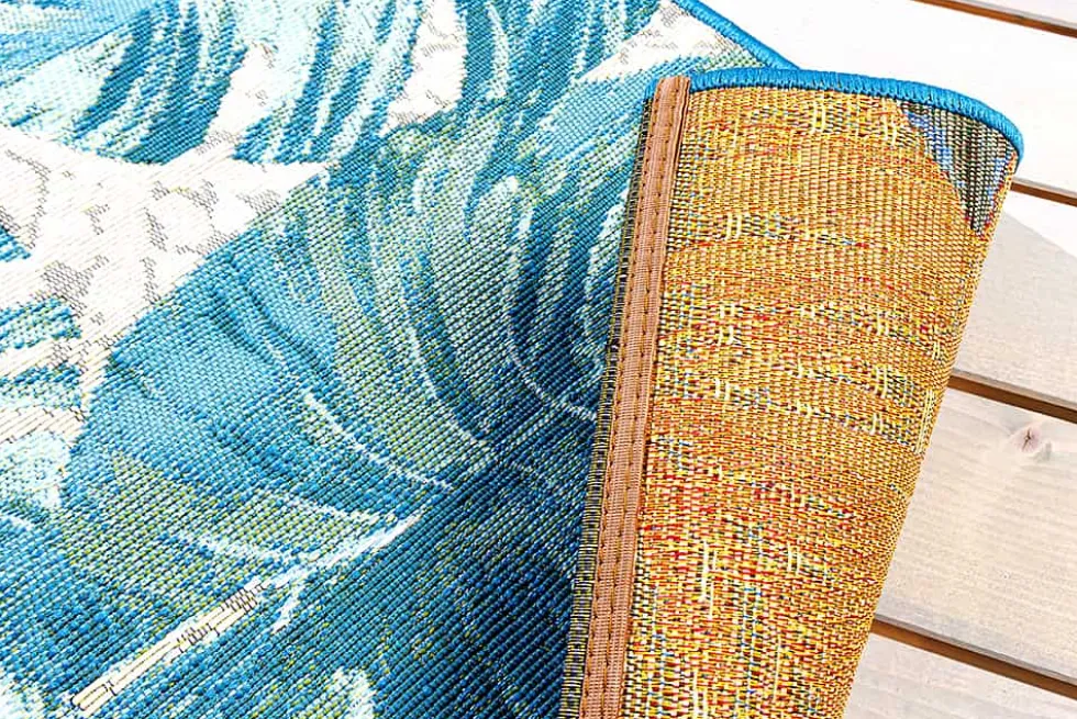 In- und Outdoor Teppich LEAF 175x120cm türkis weiß Blätter-Design Läufer wetterfest