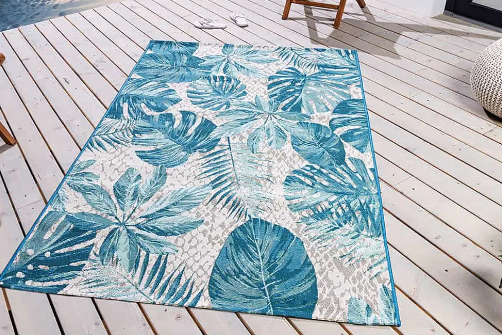 In- und Outdoor Teppich LEAF 175x120cm türkis weiß Blätter-Design Läufer wetterfest