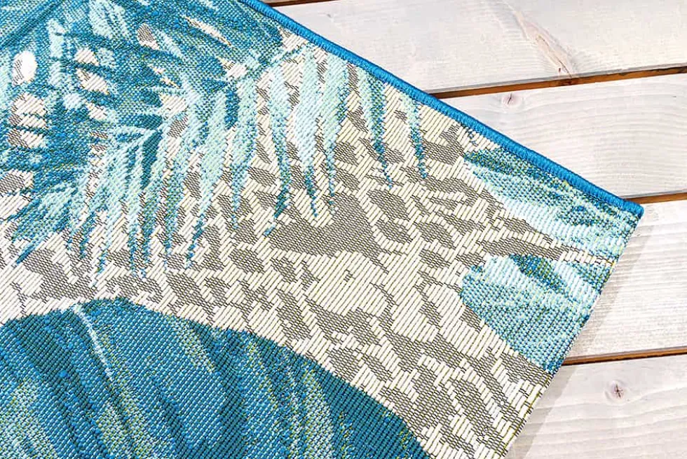 In- und Outdoor Teppich LEAF 175x120cm türkis weiß Blätter-Design Läufer wetterfest