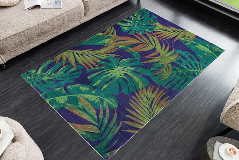 In- und Outdoor Teppich LEAF 180x120cm grün blau Blätter-Design Läufer wetterfest