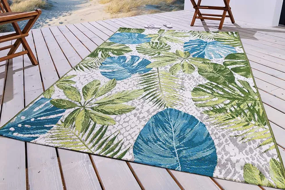 In- und Outdoor Teppich LEAF 235x160cm türkis grün weiß Blätter florales Design wetterfest