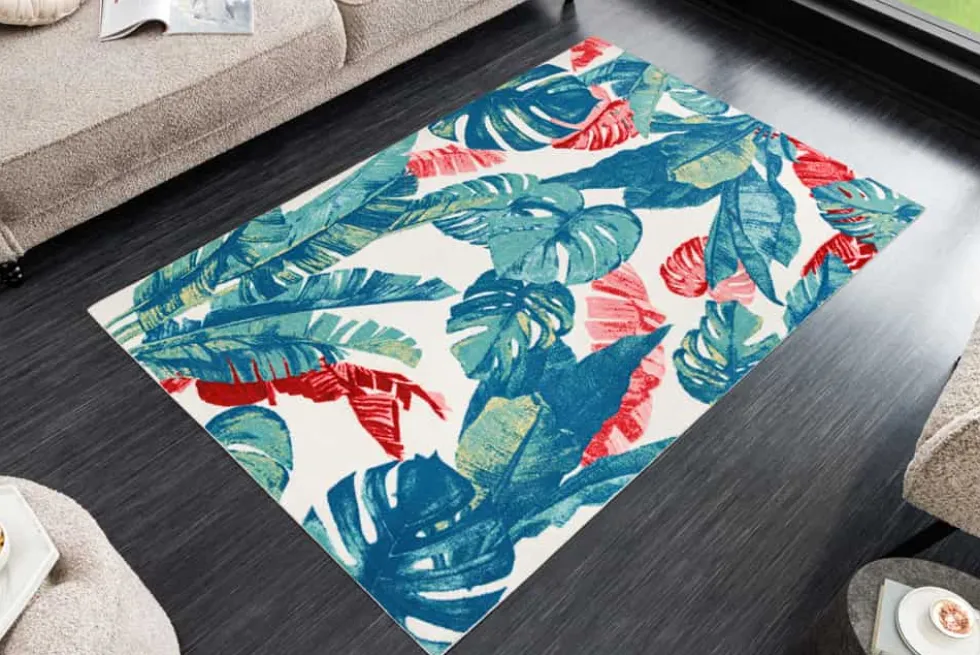 In- und Outdoor Teppich TROPICAL 180x120cm grün pink Blatt Design Läufer wetterfest