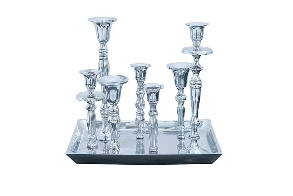 Kerzenständer MODERN BAROCK 30cm 7-flammig silber Aluminium poliert Kerzenhalter Deko-Platte