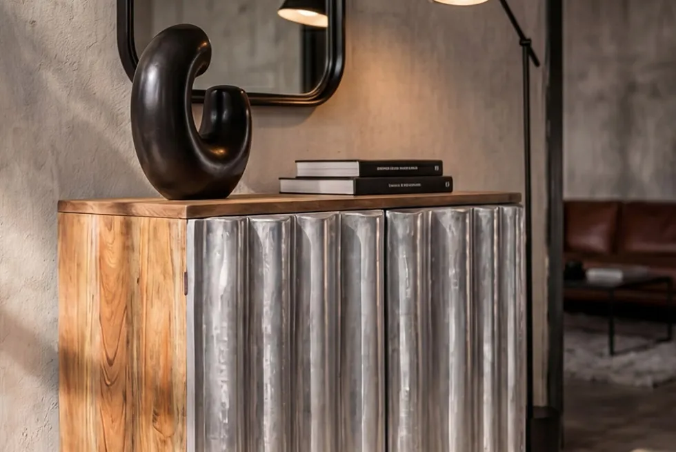 Kompaktes Sideboard ZALVERO 80cm natur silber Mangoholz mit Metall-Aluminium Front
