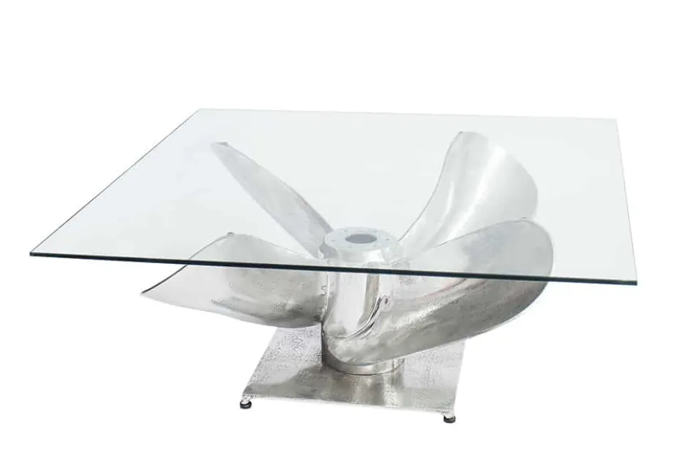 Maritimer Couchtisch OCEAN L 85cm silber antik Schiffsschraube mit Glasplatte