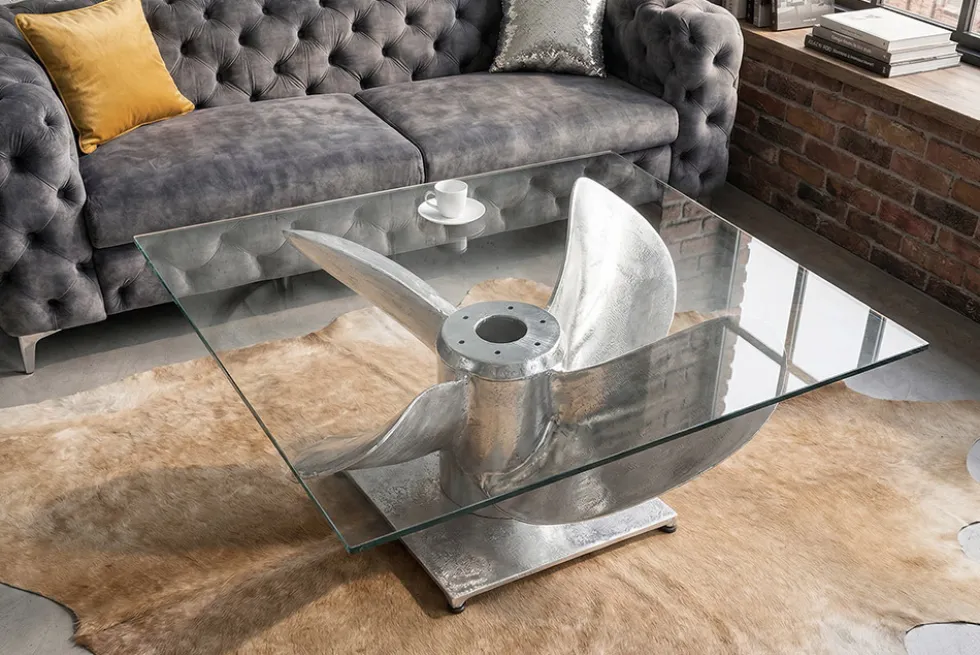 Maritimer Couchtisch OCEAN L 85cm silber antik Schiffsschraube mit Glasplatte