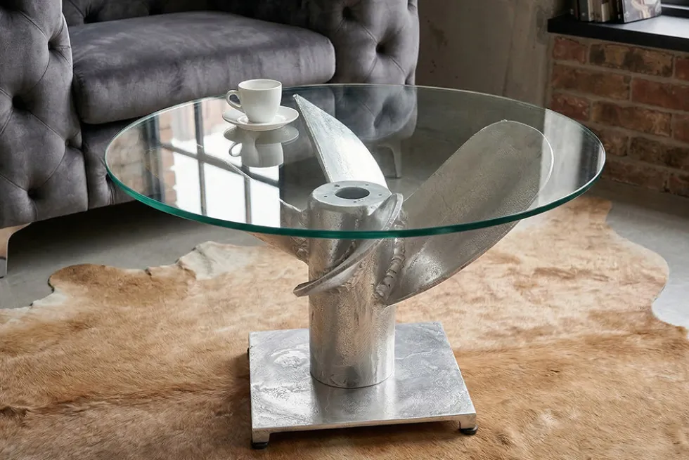 Maritimer Couchtisch OCEAN M 60cm silber antik rund Schiffsschraube Glasplatte