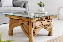 Maritimer Couchtisch RIVERSIDE 80cm natur Teakholz massiv Glasplatte Handarbeit