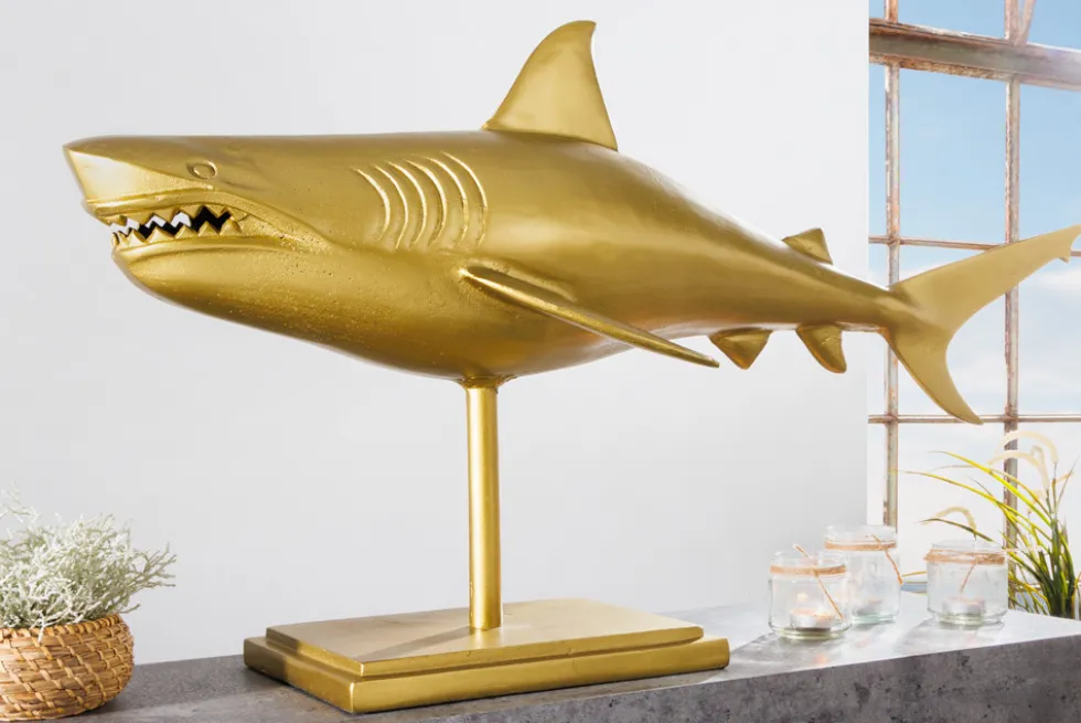 Maritime Skulptur HAI 103cm gold handmade Metall Design Haifisch