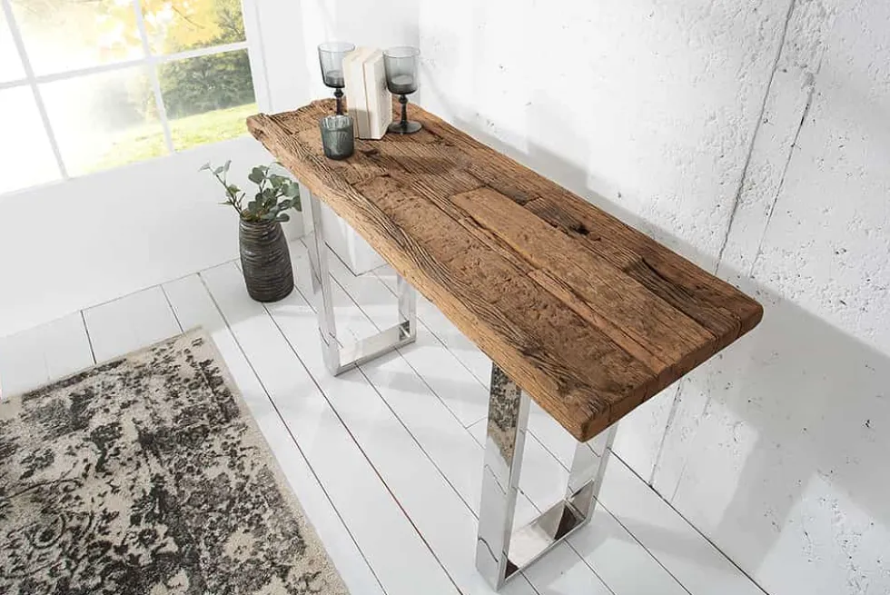 Massive Konsole BARRACUDA 120cm Teak mit Stahl Kufenfüßen inkl. Glasplatte