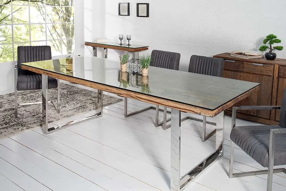 Massive Konsole BARRACUDA 120cm Teak mit Stahl Kufenfüßen inkl. Glasplatte
