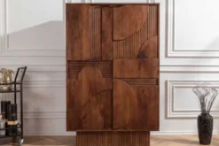 Massiver Barschrank ART DECO 140cm braun Mangoholz 3D-Front Highboard Flaschenregal