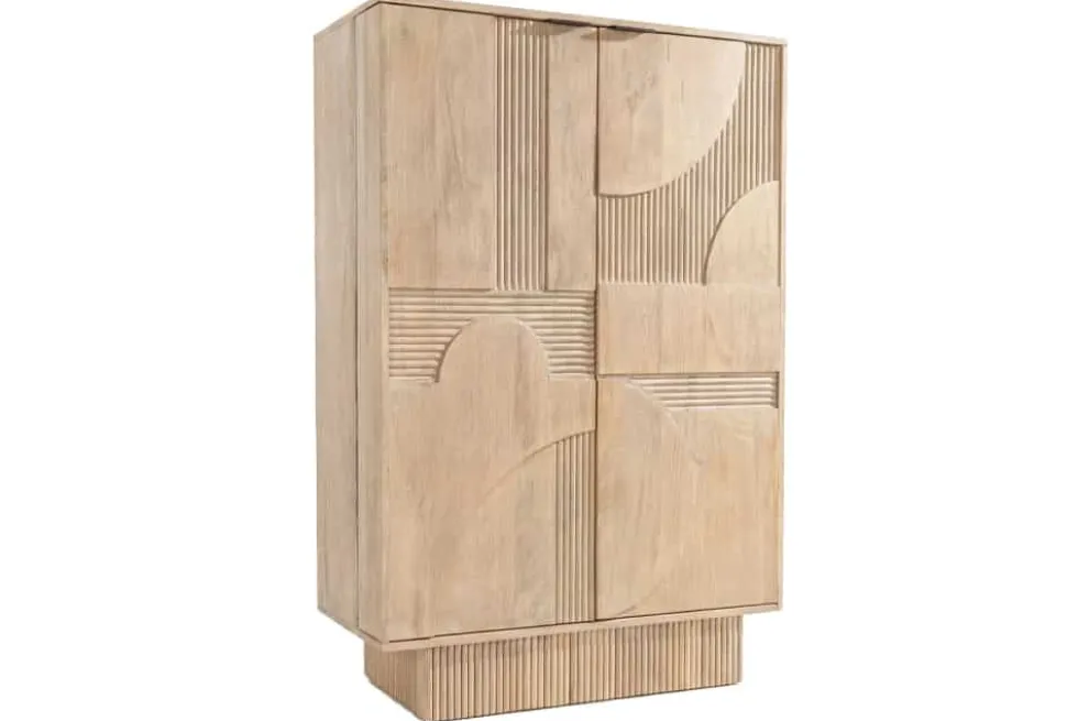 Massiver Barschrank ART DECO 140cm weiß gekälkt Mangoholz 3D-Front Highboard