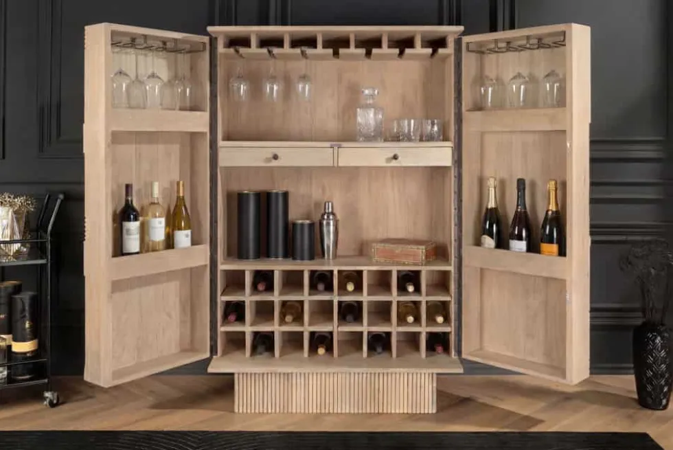 Massiver Barschrank ART DECO 140cm weiß gekälkt Mangoholz 3D-Front Highboard