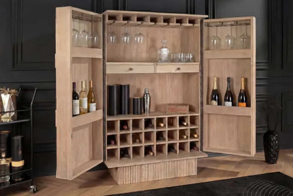 Massiver Barschrank ART DECO 140cm weiß gekälkt Mangoholz 3D-Front Highboard