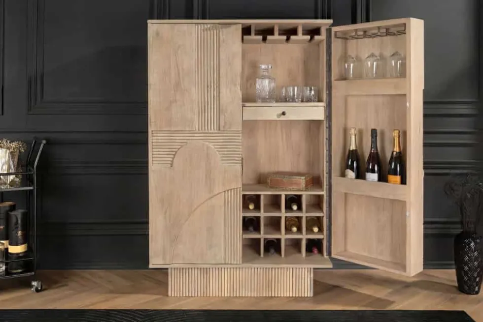 Massiver Barschrank ART DECO 140cm weiß gekälkt Mangoholz 3D-Front Highboard