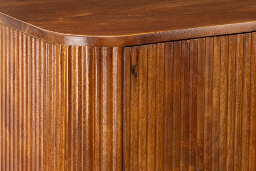 Massiver Barschrank GATSBY 140cm braun Mangoholz gold Metallgestell Retro