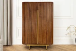 Massiver Barschrank GATSBY 140cm braun Mangoholz gold Metallgestell Retro
