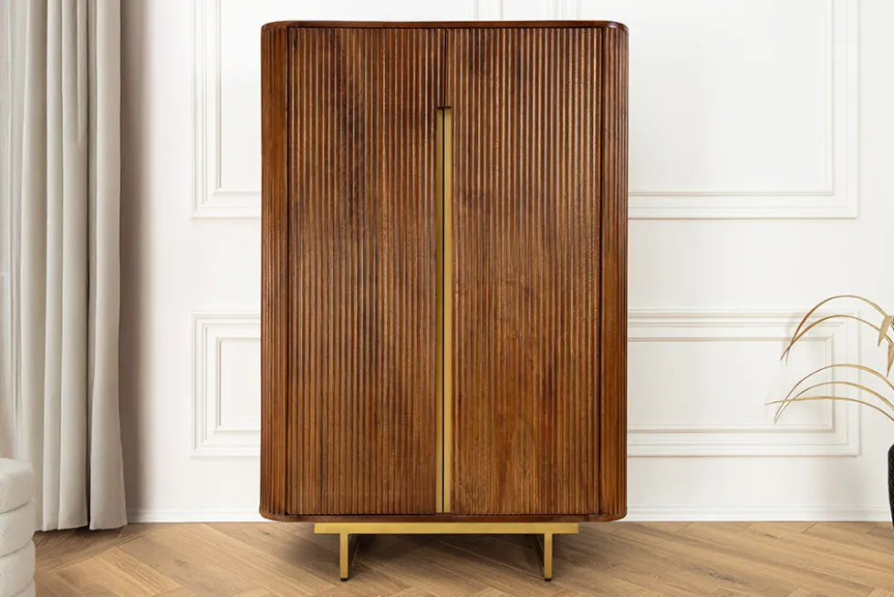 Massiver Barschrank GATSBY 140cm braun Mangoholz gold Metallgestell Retro