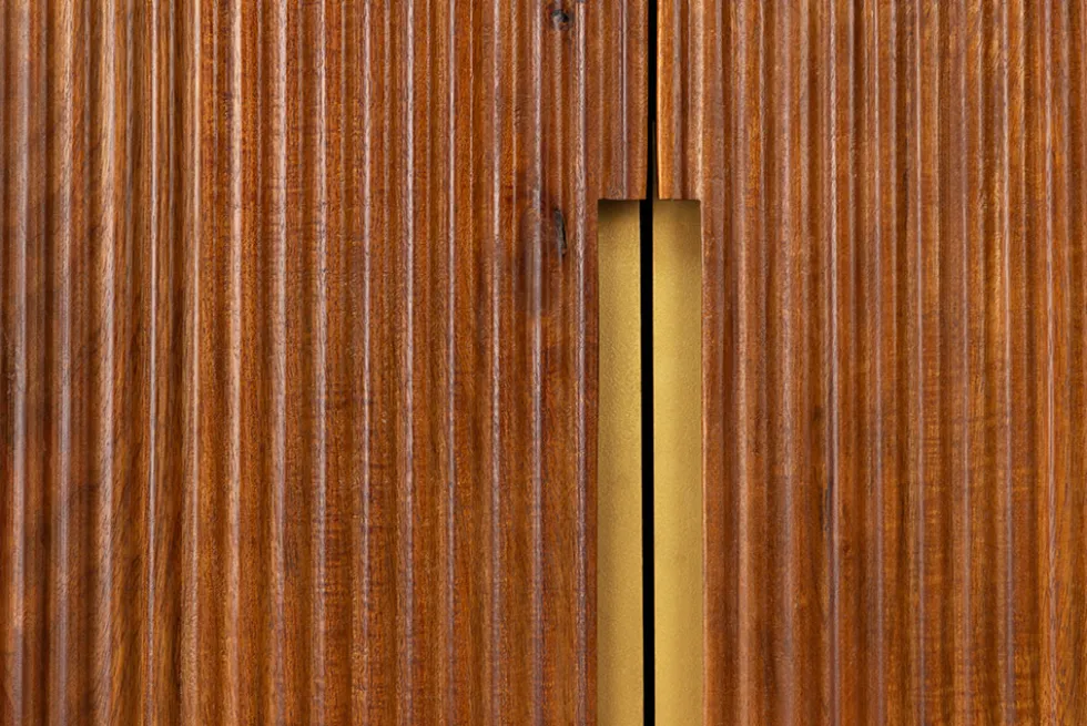 Massiver Barschrank GATSBY 140cm braun Mangoholz gold Metallgestell Retro