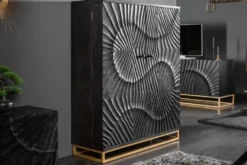 Massiver Barschrank SCORPION 141cm schwarz Mangoholz mit 3D Schnitzereien