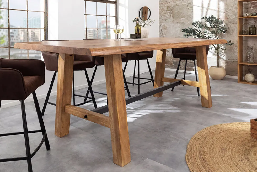 Massiver Bartisch MAMMUT 220cm natur Akazie Baumkante schwarz Metall
