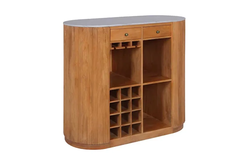 Massiver Bartisch TRES CHIC 120cm braun Mangoholz weiß Marmor mit Flaschenregal