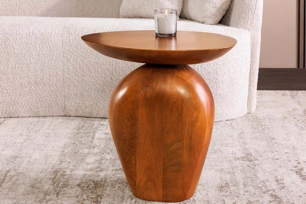 Massiver Beistelltisch ORGANIC 50cm braun Mangoholz oval Säulenfuß