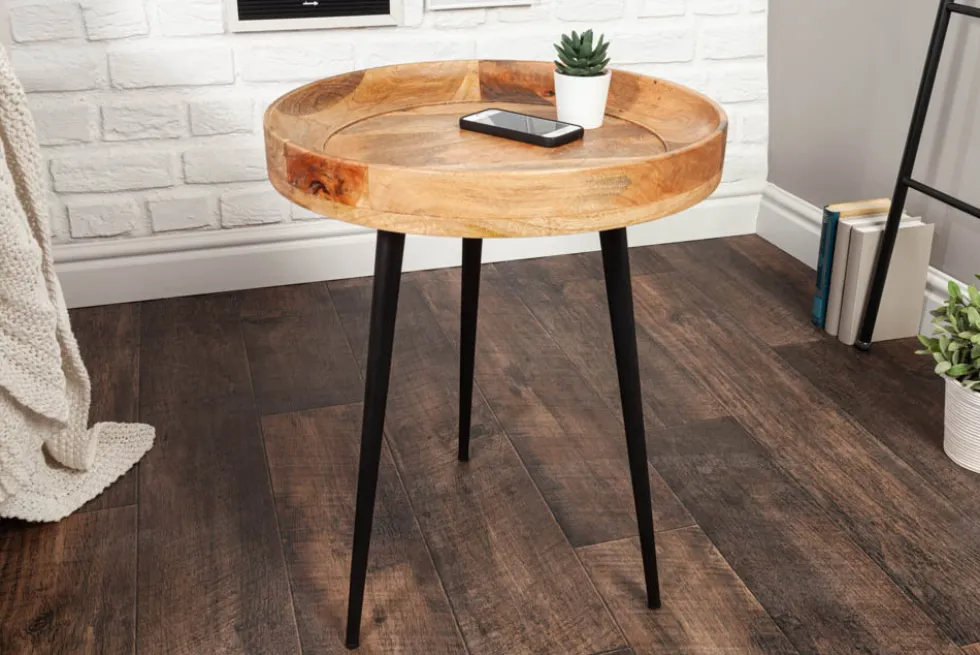 Massiver Beistelltisch PURE NATURE 45cm natur Mangoholz rund mit schwarzen Metallbeinen