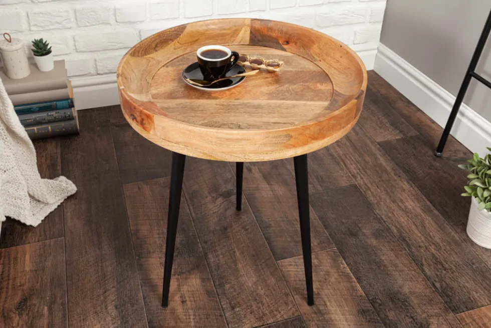 Massiver Beistelltisch PURE NATURE 45cm natur Mangoholz rund mit schwarzen Metallbeinen
