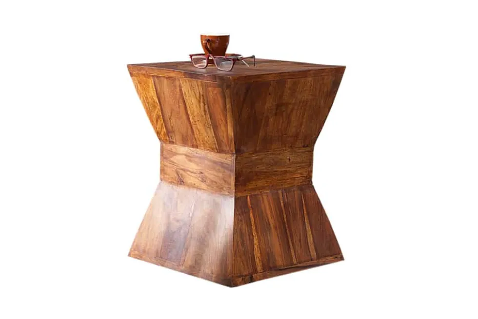 Massiver Beistelltisch PYRAMID 35cm braun Sheeshamholz stone finish Maserung Hocker