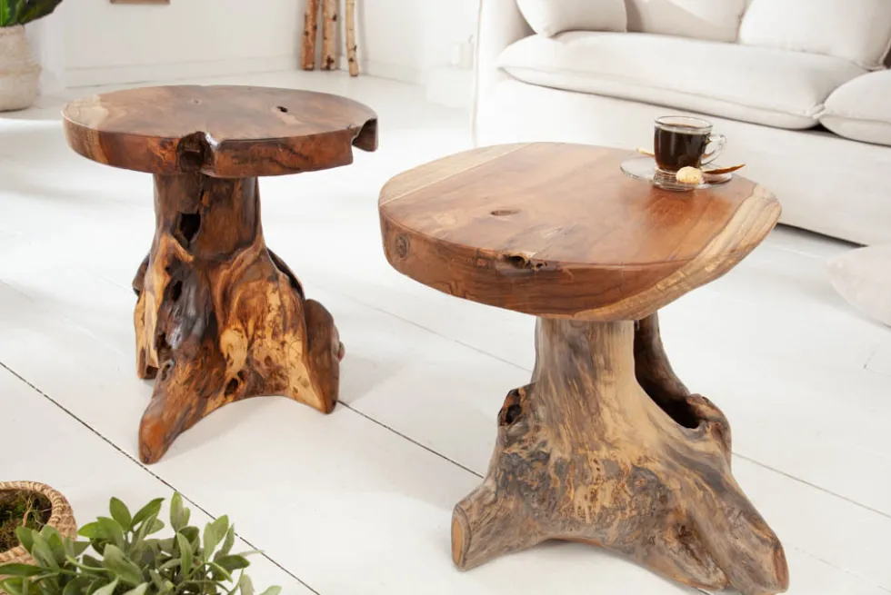 Massiver Beistelltisch ROOT 40cm Teakholz Hocker aus Wurzelholz
