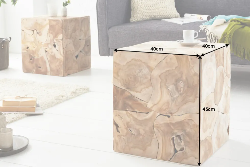 Massiver Beistelltisch SQUARE 40cm Teakholz Würfel Sitzhocker
