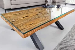 Massiver Couchtisch BARRACUDA 110cm antik natur Teakholz X-Gestell Glasplatte