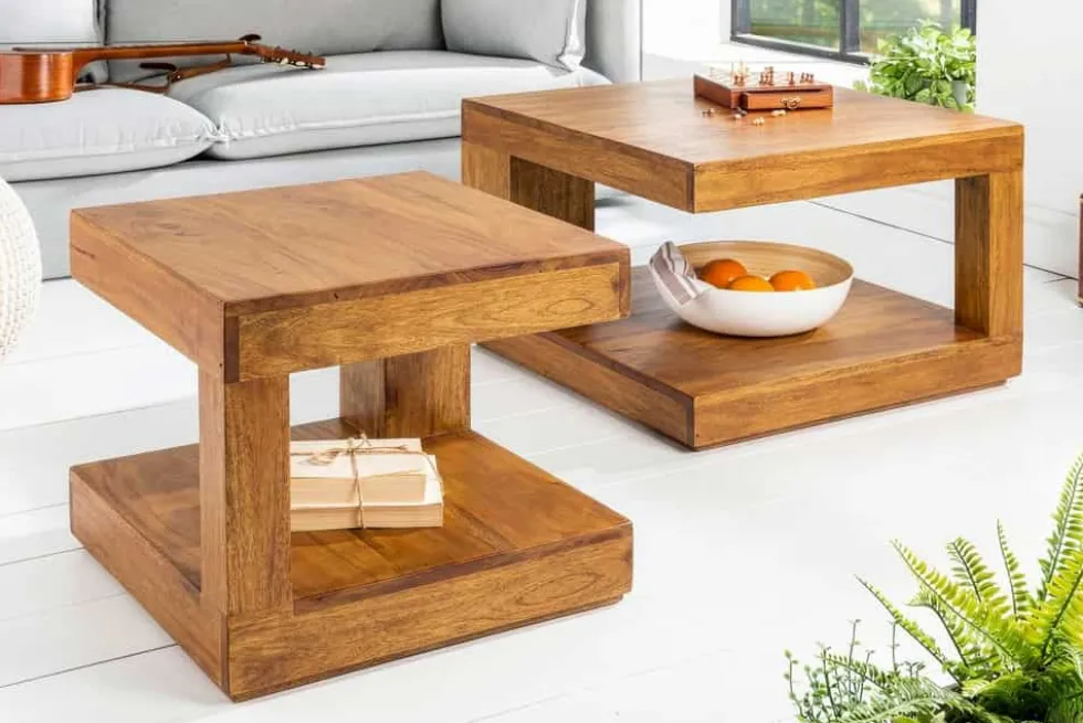 Massiver Couchtisch GIANT 45cm braun honey finish Mangoholz mit Ablagefach