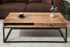 Massiver Couchtisch IRON CRAFT 100cm Mangoholz mit Schublade schwarzes Metallgestell