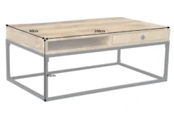 Massiver Couchtisch IRON CRAFT 100cm Mangoholz mit Schublade schwarzes Metallgestell