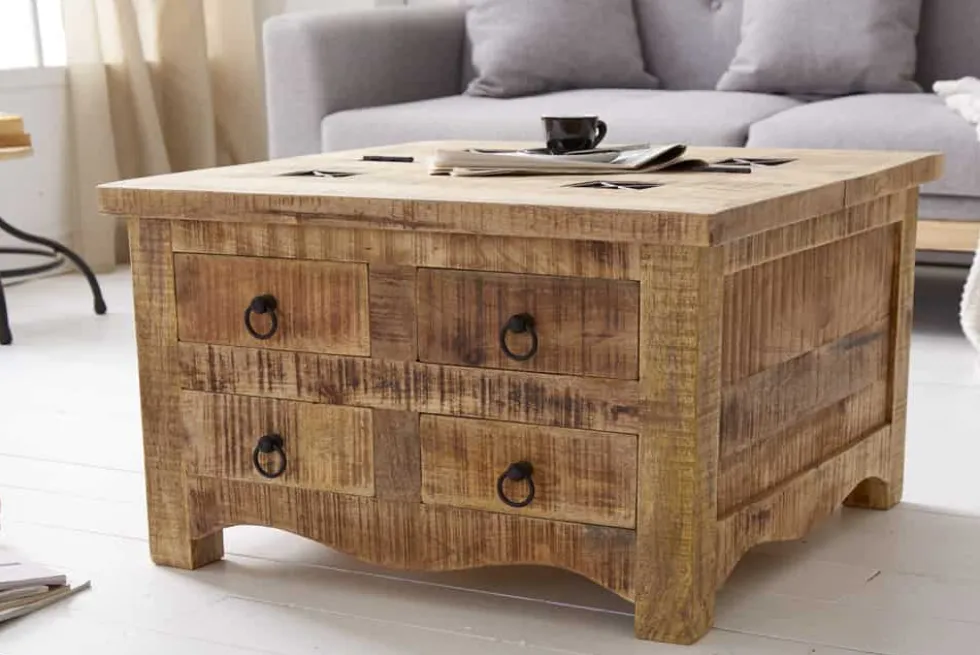 Massiver Couchtisch IRON CRAFT 70cm natur Holz Truhe mit Schubladen und Stauraum