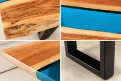 Massiver Couchtisch LIQUID 110cm braun Akazienholz Baumkante schwarz Eisen blau
