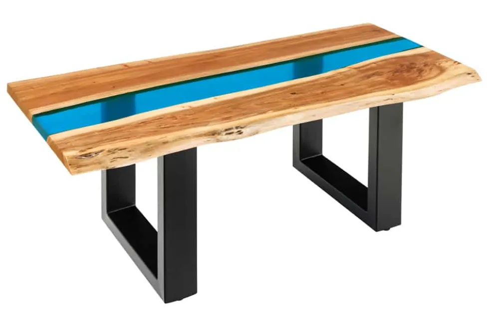 Massiver Couchtisch LIQUID 110cm braun Akazienholz Baumkante schwarz Eisen blau