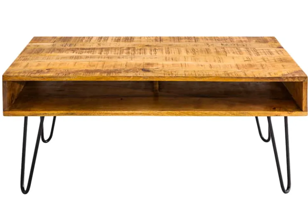 Massiver Couchtisch SCORPION 100cm natur Mangoholz Metall Hairpin Legs mit Ablage